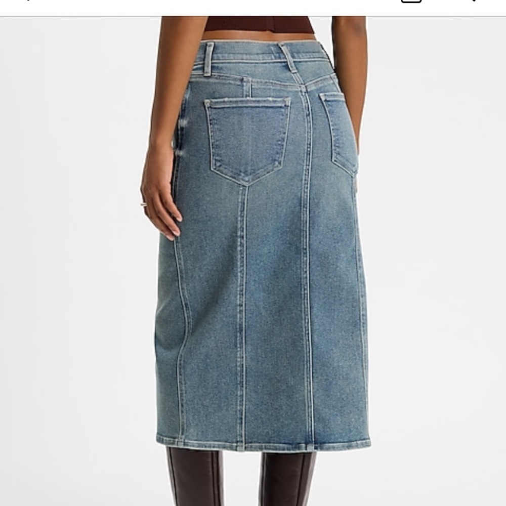 High Waisted Medium Wash Midi Hyper Sculpt Denim Skirt - Picture 2 of 2